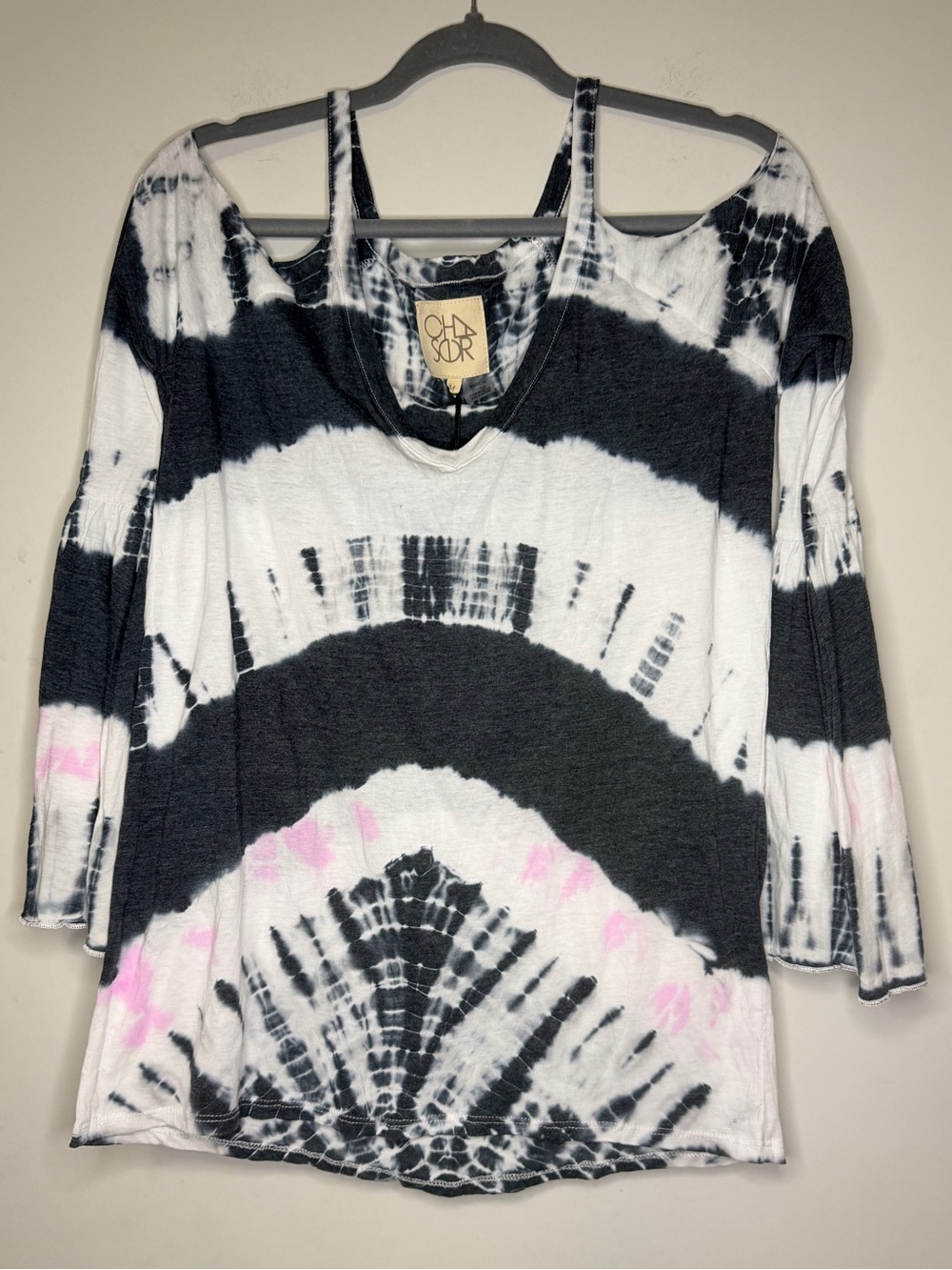 NWT Chaser Black & White Tie-Dye w/ Pink Cold-Shoulder Peplum Sleeve Top Sz M